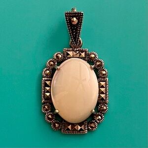 Vintage Sterling Silver Pendant Art Deco Oval Moonstone Cabochon Marcasite Gypsy